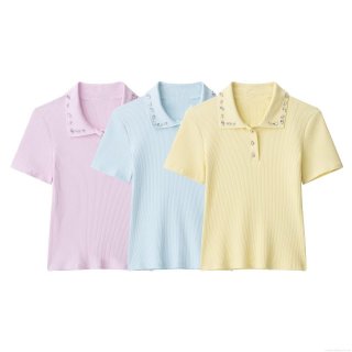 Women's Short Sleeve Ribbed Knit Polo Shirt With Rhinestone Gemstone Collar Casual Sweet Solid Color Summer Blended Tops For Ladies