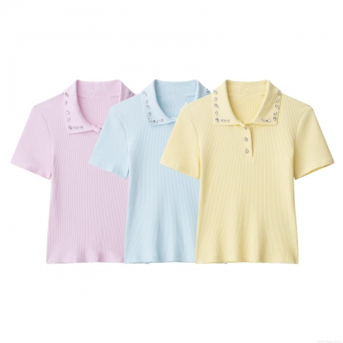 Women's Short Sleeve Ribbed Knit Polo Shirt With Rhinestone Gemstone Collar Casual Sweet Solid Color Summer Blended Tops For Ladies