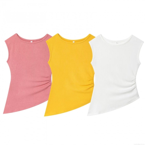 Women's Sleeveless Ribbed Knit T-Shirt Asymmetric Hem Ruched Side Drawstring Top Summer Casual Solid Color Slim Fit Tank Top