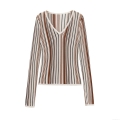 Women's V Neck Long Sleeve Striped Knit T-Shirt Slim Fit Polyester Blend Pullover Casual Vertical Stripe Top For Daily Office Wear