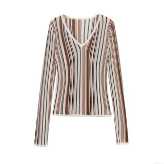 Women's V Neck Long Sleeve Striped Knit T-Shirt Slim Fit Polyester Blend Pullover Casual Vertical Stripe Top For Daily Office Wear