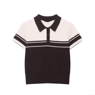 Women's Casual Color Block Striped Knit Polo Shirt Short Sleeve Lapel Neck Pullover Fashion Loose Soft Knitted T-Shirt For Women Daily Wear