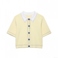 Women's Knitted Short Sleeve POLO Shirt Contrast Lapel Collar Blue Stitching Button Down Polyester Spandex Knit Cardigan Top For Women Casual Daily