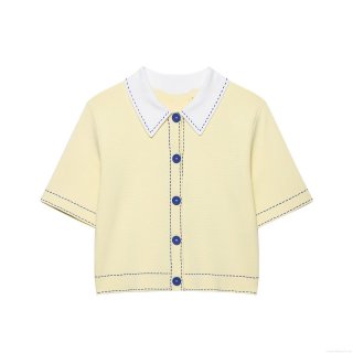 Women's Knitted Short Sleeve POLO Shirt Contrast Lapel Collar Blue Stitching Button Down Polyester Spandex Knit Cardigan Top For Women Casual Daily