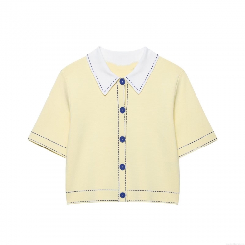 Women's Knitted Short Sleeve POLO Shirt Contrast Lapel Collar Blue Stitching Button Down Polyester Spandex Knit Cardigan Top For Women Casual Daily