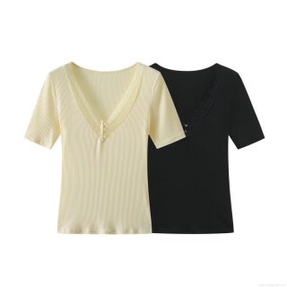 Women's Slim Fit V-Neck T-Shirt Lace Trim Cotton Blend Ribbed Knit Short Sleeve Button Decor Sweet Elegant Casual Tops For Ladies