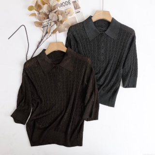 Women's Casual Cable Knit Polo Shirt Short Sleeve Acrylic Polyester Nylon Wool Blend Top Retro Solid Color Textured Button Down Knitwear T-Shirt for Women