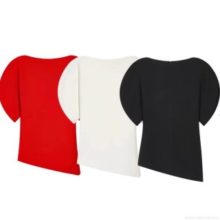 Women's Fashion Puff Short Sleeve Top Solid Color Asymmetric Hem T-Shirt With Back Invisible Zipper Polyester Casual Streetwear Blouse For Lady