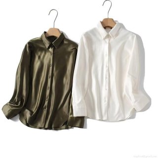 Women Elegant Satin Button Down Shirt Silky Long Sleeve Blouse Office Work Solid Color Lapel Tops For Ladies Casual Commuting Wear