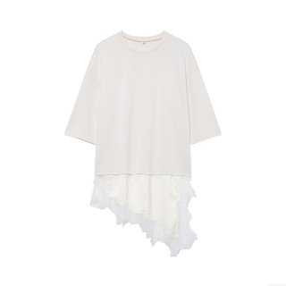 Women's Fashion Lace Satin Splicing T-Shirt Round Neck Short Sleeve Top With Asymmetric Hem Patchwork Casual Western Style Solid Color Pullover For Women Daily Wear Breathable Knit Fabric Clothing