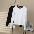 Women's Long Sleeve T-Shirt Crew Neck Contrast Trim Basic Knit Top Casual Fall Spring Pullover Solid Color Slim Fit Tee Soft Comfortable Cotton Blend Undershirt