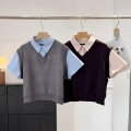 Women's Casual Fake Two-Piece Knit Vest Short Sleeve Shirt Top Polyester Spandex Patchwork V-Neck Preppy Style Blouse Daily Fashion Pullover