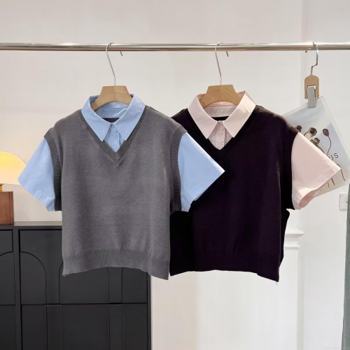 Women's Casual Fake Two-Piece Knit Vest Short Sleeve Shirt Top Polyester Spandex Patchwork V-Neck Preppy Style Blouse Daily Fashion Pullover