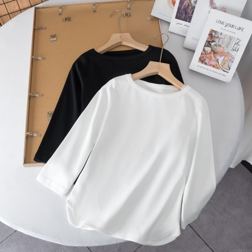 Women's Casual Solid Color Crew Neck Long Sleeve T-Shirt Polyester Spandex Blend Basic Slim Fit Top With Curved Hem For Daily Wear