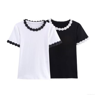 Women's Slim Fit Ribbed Knit T-Shirt Polyester Spandex Short Sleeve Round Neck Top With 3D Floral Lace Trim Sweet Elegant Style Daily Wear For Women