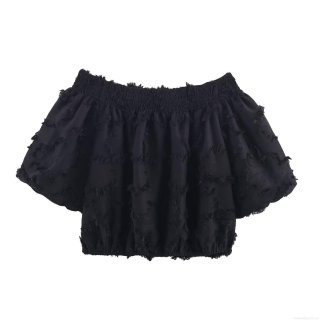 Women's Sexy Off-Shoulder Bubble Sleeve T-Shirt Polyester Spandex Fringed Raw Edge Crop Top Solid Black Casual Party Blouse For Women