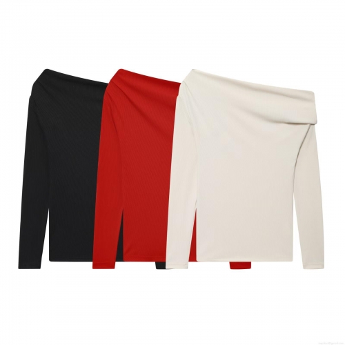 Women's Sexy Asymmetrical Off Shoulder Long Sleeve T-Shirt Ribbed Knit Slim Fit Pullover Top Fashion Solid Color Basic Tee