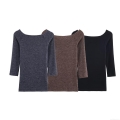 Women Off-Shoulder Knit T-Shirt Slim Fit Polyester Spandex Solid Color Long Sleeve Casual Daily Top Elegant Simple Chic Women Clothing
