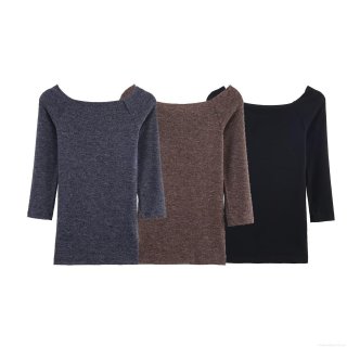 Women Off-Shoulder Knit T-Shirt Slim Fit Polyester Spandex Solid Color Long Sleeve Casual Daily Top Elegant Simple Chic Women Clothing