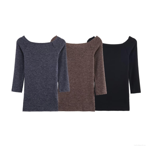 Women Off-Shoulder Knit T-Shirt Slim Fit Polyester Spandex Solid Color Long Sleeve Casual Daily Top Elegant Simple Chic Women Clothing