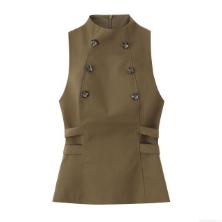 Women's Elegant Slim Fit Sleeveless T-Shirt Mock Neck Double Breasted Cut Out Side Woven Top For Office Casual Autumn Daily Wear