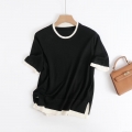 Women's Contrast Color Trim Knit T-Shirt Short Sleeve Round Neck Ribbed Basic Casual Knit Top Lightweight Wool Blend Autumn Sweater for Women