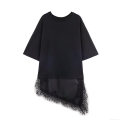 Women's Casual Lace Splicing T-Shirt Round Neck Short Sleeve Loose Longline Top Asymmetric Patchwork Hem Tee Dress Solid Color Soft Streetwear Polyester Cotton Blend