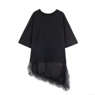 Women's Casual Lace Splicing T-Shirt Round Neck Short Sleeve Loose Longline Top Asymmetric Patchwork Hem Tee Dress Solid Color Soft Streetwear Polyester Cotton Blend