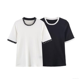 Women's Casual Slim Fit Short Sleeve T-Shirt With Faux Pearl Beaded Trim Round Neck Contrast Color Patchwork Tee Top For Daily Daily Wear