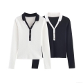 Women's Long Sleeve Polo Knit T-Shirt Polyester Spandex Ribbed Texture Contrast Color Collar Slim Fit Pullover Casual Daily Fashion Tops For Women