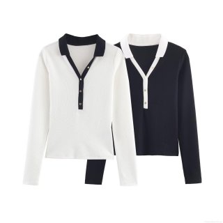 Women's Long Sleeve Polo Knit T-Shirt Polyester Spandex Ribbed Texture Contrast Color Collar Slim Fit Pullover Casual Daily Fashion Tops For Women
