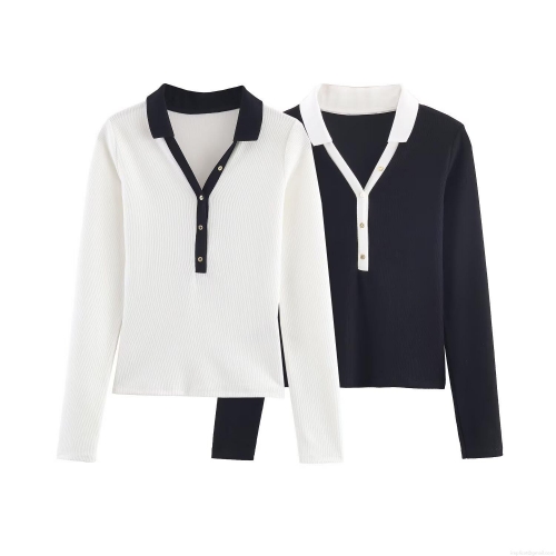 Women's Long Sleeve Polo Knit T-Shirt Polyester Spandex Ribbed Texture Contrast Color Collar Slim Fit Pullover Casual Daily Fashion Tops For Women