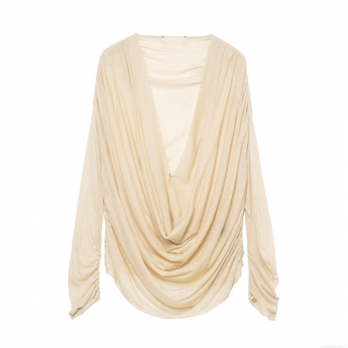 Women Sexy Drape Neck Long Sleeve Top Pleated Ruching Slim Fit Solid Color Polyester Spandex Blouse For Daily Party Commuting Elegant Fashion Tee