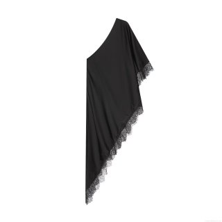 Women's Sexy Asymmetrical Diagonal Neck Lace Patchwork Top Acetate Satin Sleeveless Blouse For Party Vacation Elegant Slim Fit Solid Color Top