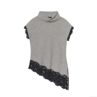 Women's Houndstooth Lace Patchwork Top High Neck Short Sleeve Slim Fit Knit T-Shirt Casual Elegant Asymmetrical Hem Blouse For Lady