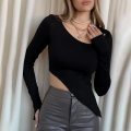 Women's Asymmetric Hem Slim Fit T-Shirt Polyester Spandex Irregular Long Sleeve Top With Thumb Hole Cuffs Solid Color Casual Autumn Tee Shirt