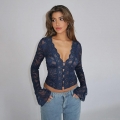 Sexy V-Neck Lace Patchwork Polyester Spandex Long Sleeve Crop Top Flare Sleeve Button Up Slim Fit Women Party Blouse