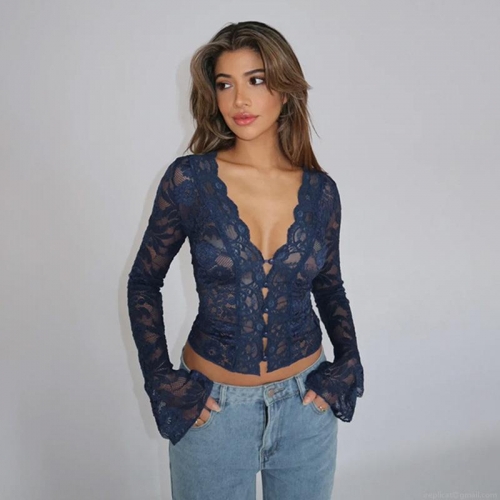 Sexy V-Neck Lace Patchwork Polyester Spandex Long Sleeve Crop Top Flare Sleeve Button Up Slim Fit Women Party Blouse