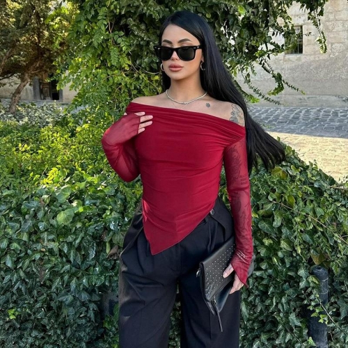 Women Mesh Patchwork T-Shirt Sexy Off Shoulder Long Sleeve Top Slim Fit Asymmetric Hem Blouse For Club Night Out Elegant Streetwear Solid Color