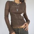 Women's Brown Mesh Long Sleeve Crop Top Polyester Spandex Letter Print See-Through Slim Fit Y2K Streetwear T-Shirt Retro Sexy Clubwear For Women