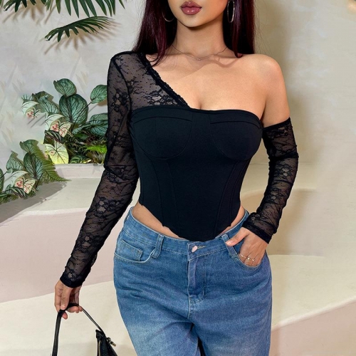 Women's Sexy One Shoulder Lace Patchwork Top Long Sleeve Slim Fit Corset Style T-Shirt Elegant Hollow Out Floral Lace Blouse For Party Clubwear