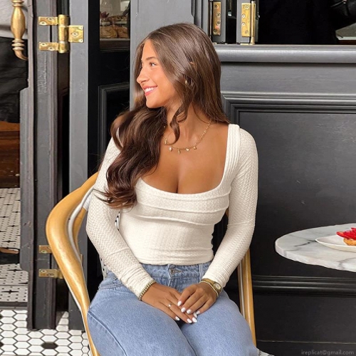 Women's Textured Fabric Square Neck Long Sleeve Top Backless Lace-up Slim Fit Crop T-Shirt Fashion Casual Streetwear Pullover for Autumn Spring