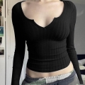 Women's Ribbed Long Sleeve T-Shirt Notched V-Neck Slim Fit Casual Knit Top Solid Color Soft Polyester Spandex Pullover For Daily Wear Ladies Autumn Fashion Clothing