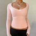 Women's Slim Fit Square Neck Long Sleeve T-Shirt With White Lace Trim And Bow Detail Solid Color Polyester Spandex Casual Ribbed Top