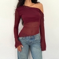Women Sexy Off Shoulder Mesh Top Asymmetric Slant Neck Long Sleeve Irregular Hem Slim Fit Pullover Blouse For Party Club Night Out Elegant Polyester Spandex Clothing
