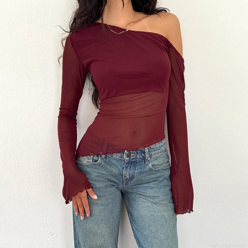 Women Sexy Off Shoulder Mesh Top Asymmetric Slant Neck Long Sleeve Irregular Hem Slim Fit Pullover Blouse For Party Club Night Out Elegant Polyester Spandex Clothing