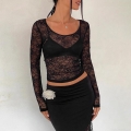 Sexy Sheer Lace Long Sleeve Cropped Top Women Floral Mesh See Through Slim Fit Streetwear Party Clubwear Tee For Dating Outfits