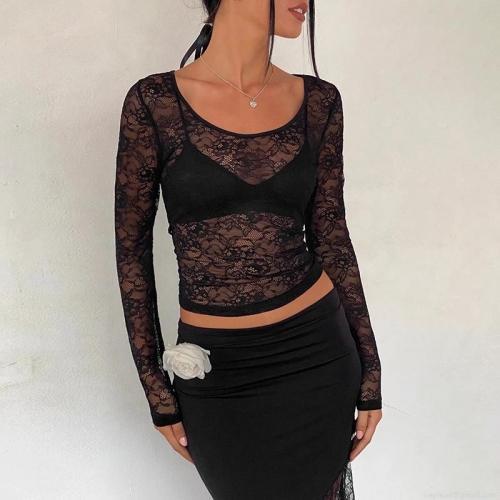 Sexy Sheer Lace Long Sleeve Cropped Top Women Floral Mesh See Through Slim Fit Streetwear Party Clubwear Tee For Dating Outfits
