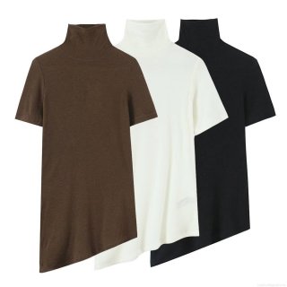 Women's Asymmetric Hem High Neck Short Sleeve T-Shirt Polyester Knit Solid Color Slim Fit Top Casual Streetwear Basic Tee For Summer Women Clothing