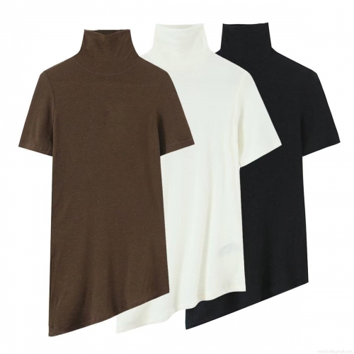 Women's Asymmetric Hem High Neck Short Sleeve T-Shirt Polyester Knit Solid Color Slim Fit Top Casual Streetwear Basic Tee For Summer Women Clothing